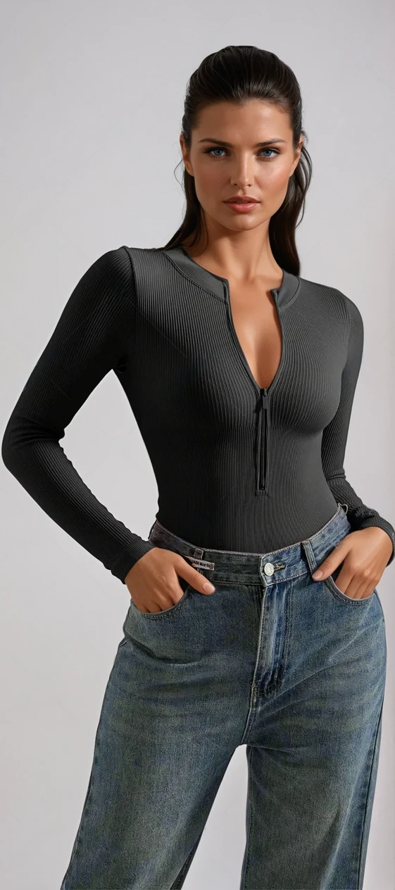 Threaded Long Sleeved Zipper Thong Bodysuit